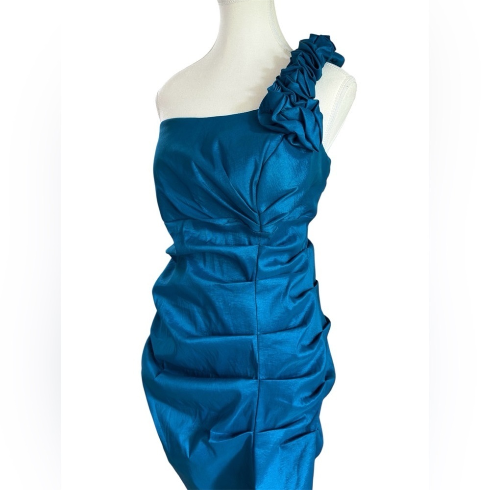 Eureka Teal One Shoulder Ruched Cocktail Dress Size 2X Made in USA - Picture 2 of 7